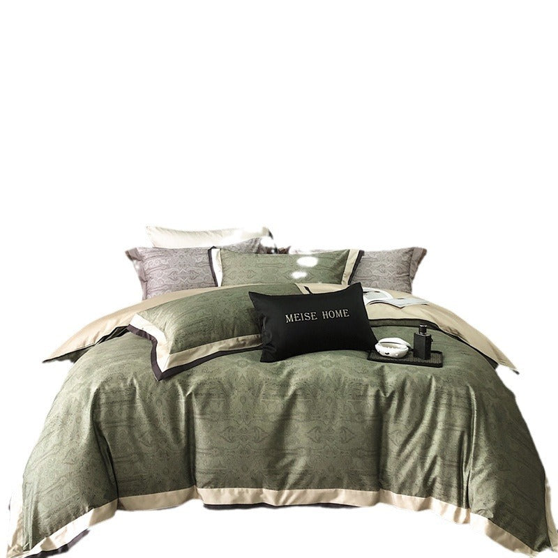 VILZSTUDIOS sage green and olive paisley duvet cover set with champagne borders and dark piping