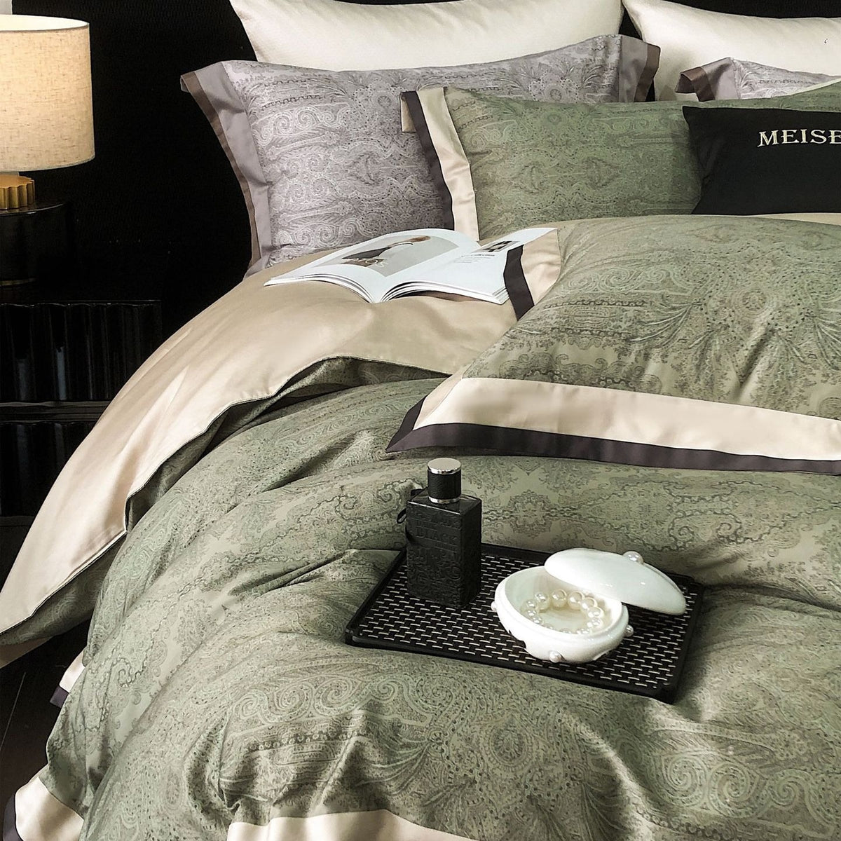 VILZSTUDIOS sage green and olive paisley duvet cover set with champagne borders and dark piping