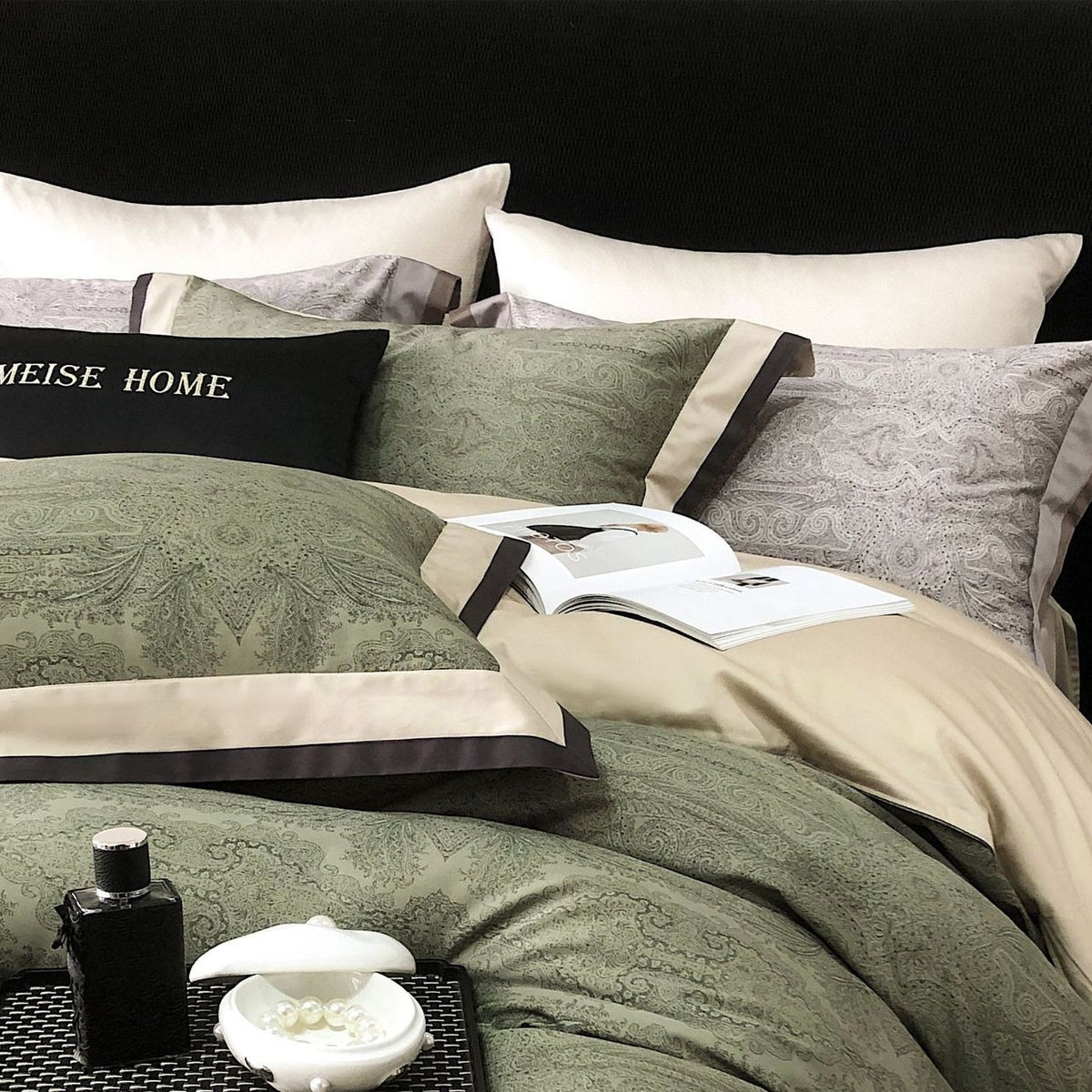 VILZSTUDIOS sage green and olive paisley duvet cover set with champagne borders and dark piping