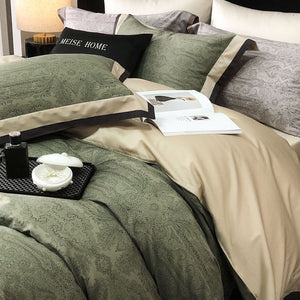 VILZSTUDIOS sage green and olive paisley duvet cover set with champagne borders and dark piping