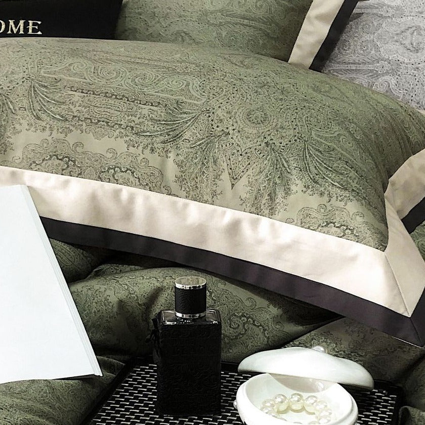 VILZSTUDIOS sage green and olive paisley duvet cover set with champagne borders and dark piping