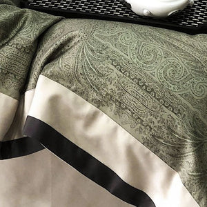 VILZSTUDIOS sage green and olive paisley duvet cover set with champagne borders and dark piping