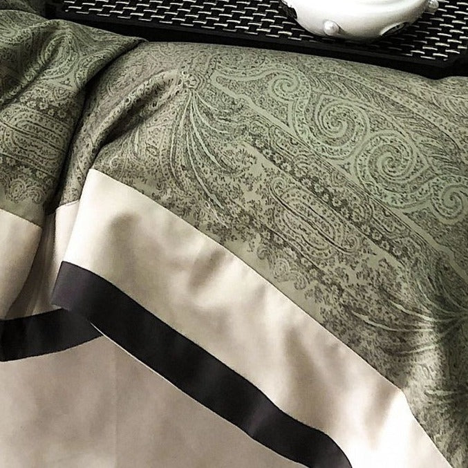 VILZSTUDIOS sage green and olive paisley duvet cover set with champagne borders and dark piping