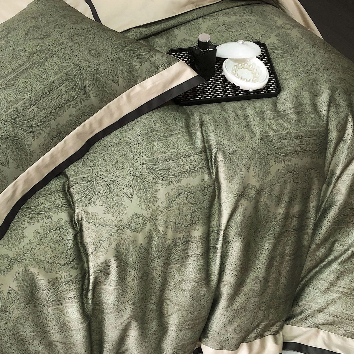 VILZSTUDIOS sage green and olive paisley duvet cover set with champagne borders and dark piping