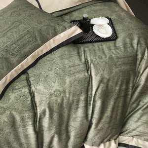 VILZSTUDIOS sage green and olive paisley duvet cover set with champagne borders and dark piping
