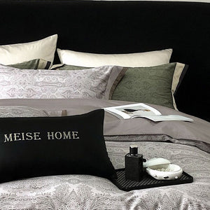 VILZSTUDIOS sage green and olive paisley duvet cover set with champagne borders and dark piping