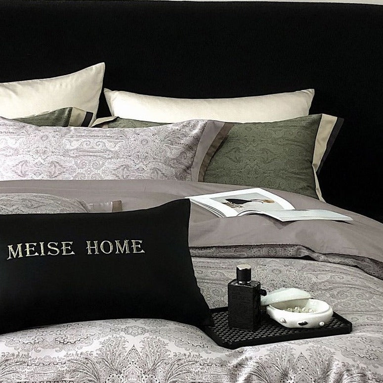 VILZSTUDIOS sage green and olive paisley duvet cover set with champagne borders and dark piping