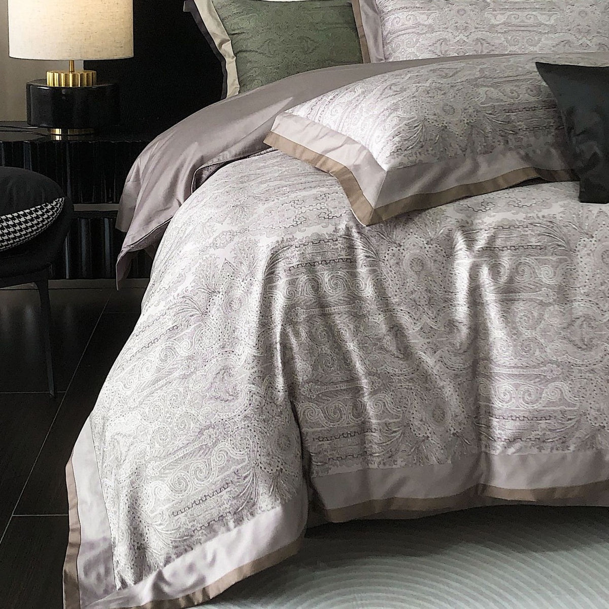 VILZSTUDIOS sage green and olive paisley duvet cover set with champagne borders and dark piping