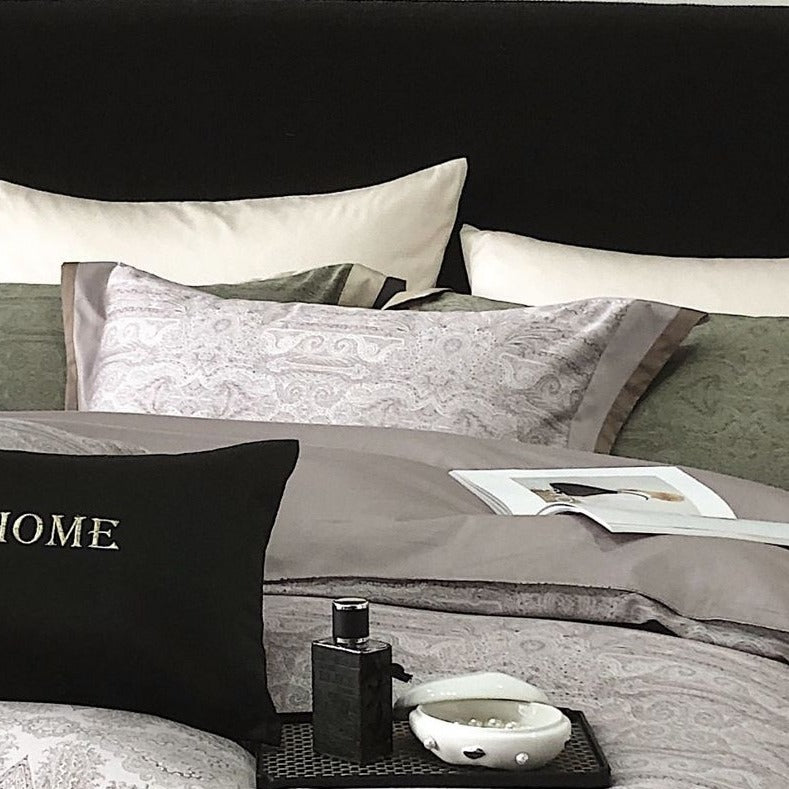 VILZSTUDIOS sage green and olive paisley duvet cover set with champagne borders and dark piping