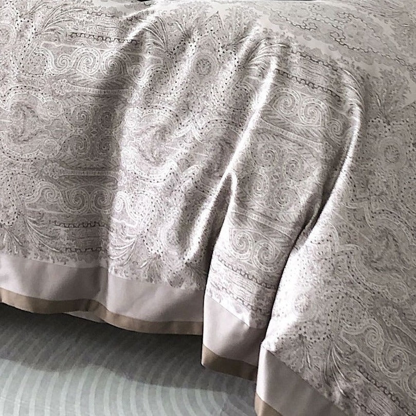 VILZSTUDIOS sage green and olive paisley duvet cover set with champagne borders and dark piping