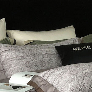 VILZSTUDIOS sage green and olive paisley duvet cover set with champagne borders and dark piping
