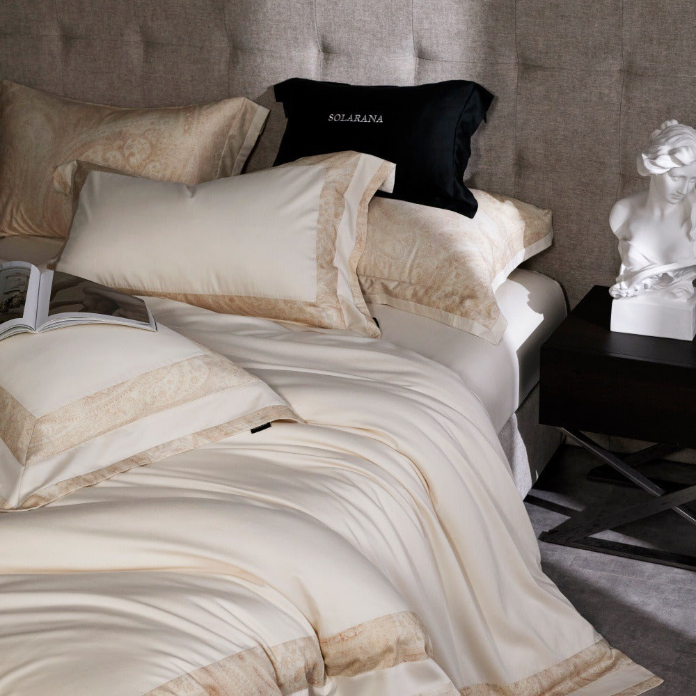 VILZSTUDIOS blush pink, ivory and cool grey satin bedding set with tonal paisley borders