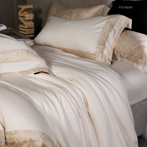 VILZSTUDIOS blush pink, ivory and cool grey satin bedding set with tonal paisley borders