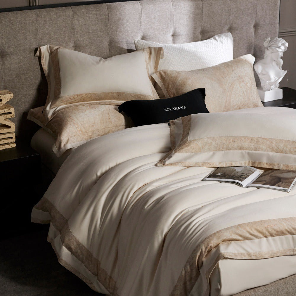 VILZSTUDIOS blush pink, ivory and cool grey satin bedding set with tonal paisley borders