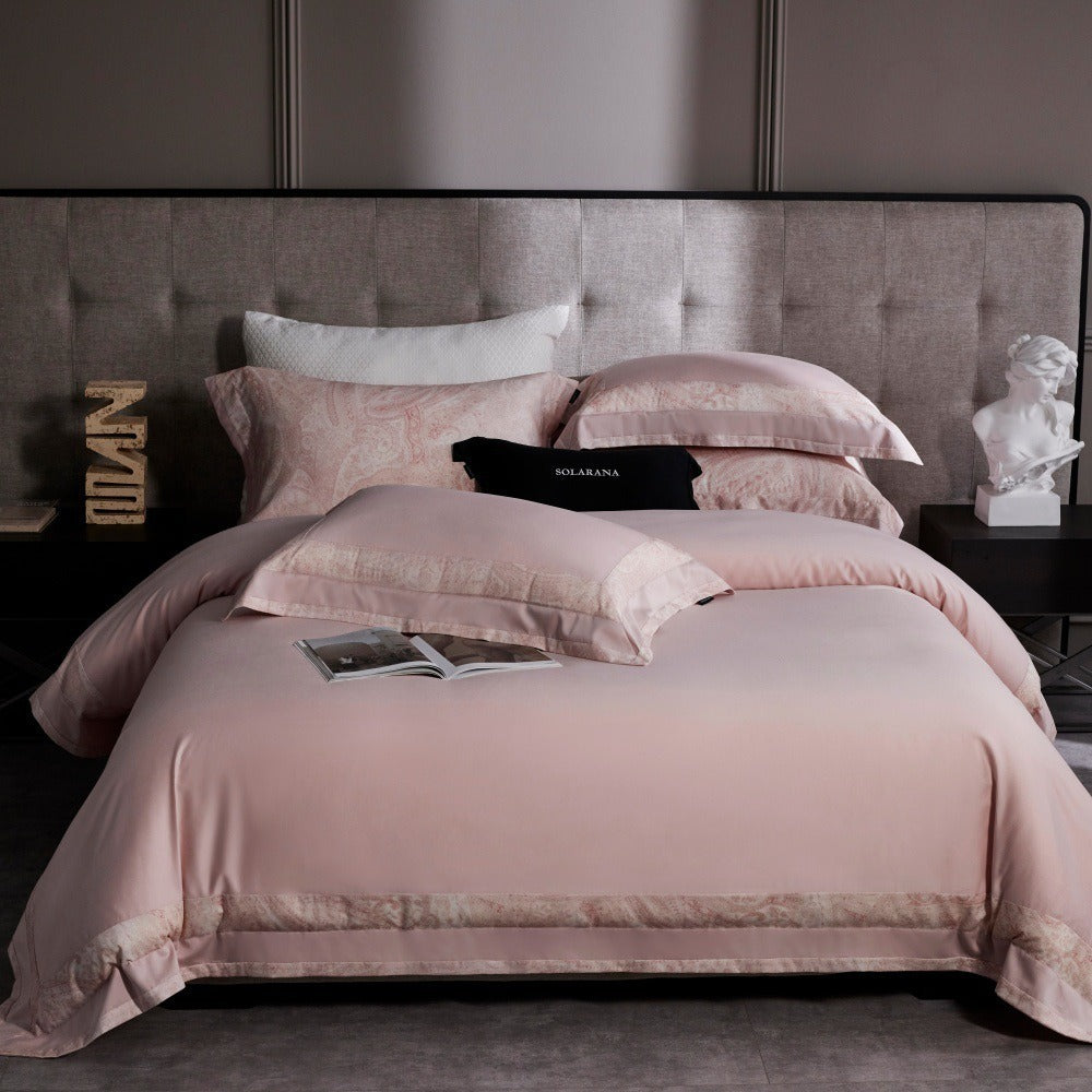 VILZSTUDIOS blush pink, ivory and cool grey satin bedding set with tonal paisley borders