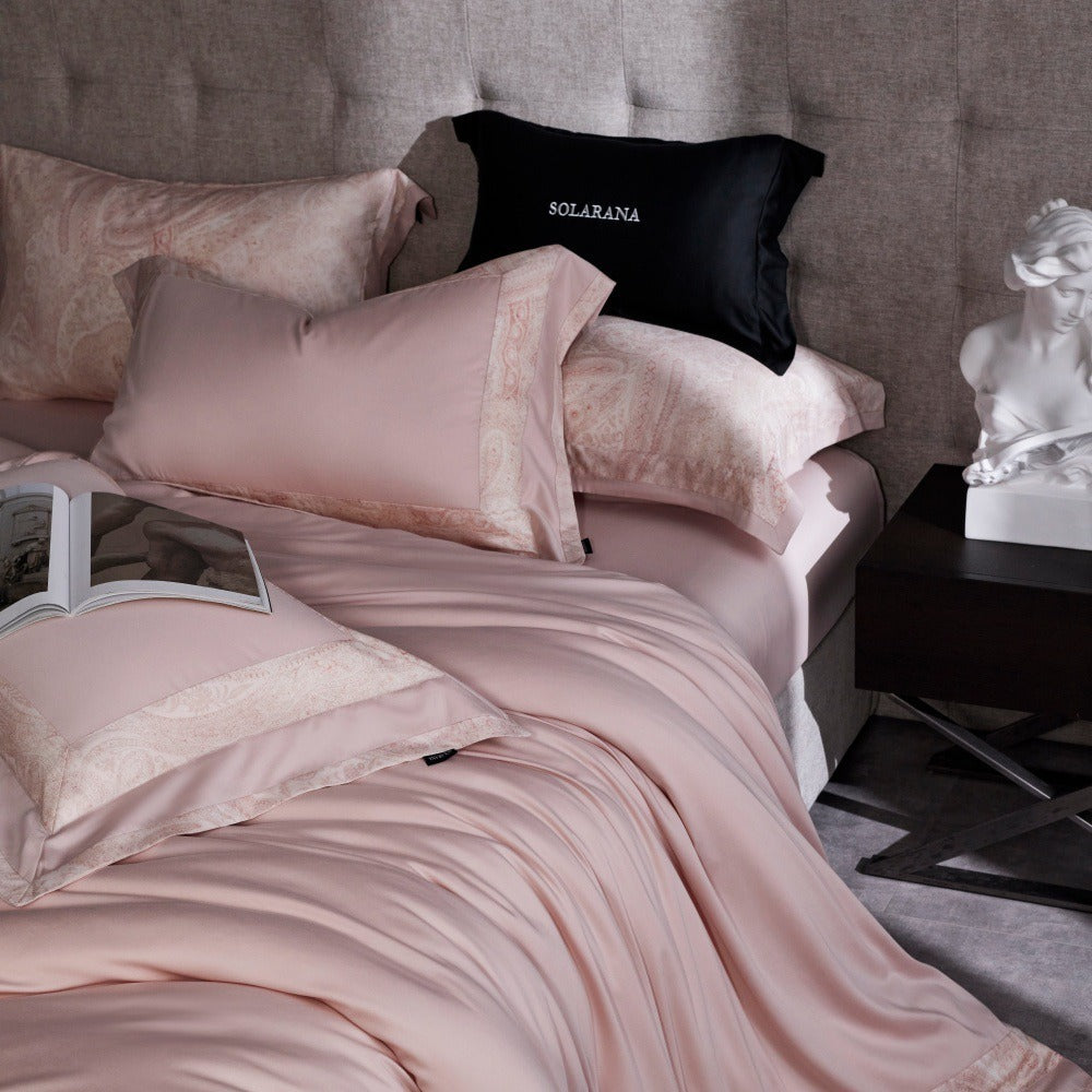 VILZSTUDIOS blush pink, ivory and cool grey satin bedding set with tonal paisley borders