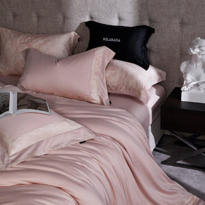 VILZSTUDIOS blush pink, ivory and cool grey satin bedding set with tonal paisley borders