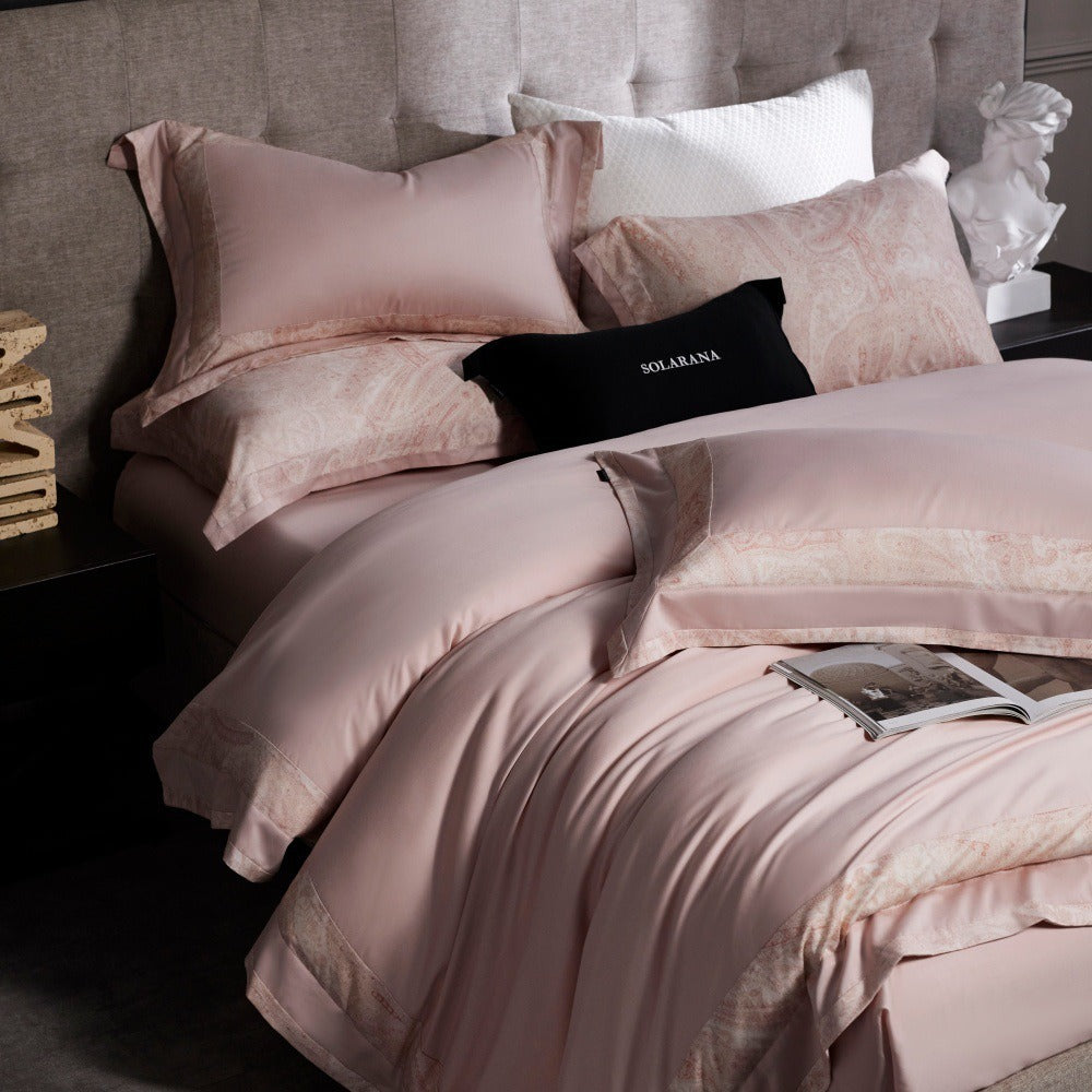 VILZSTUDIOS blush pink, ivory and cool grey satin bedding set with tonal paisley borders