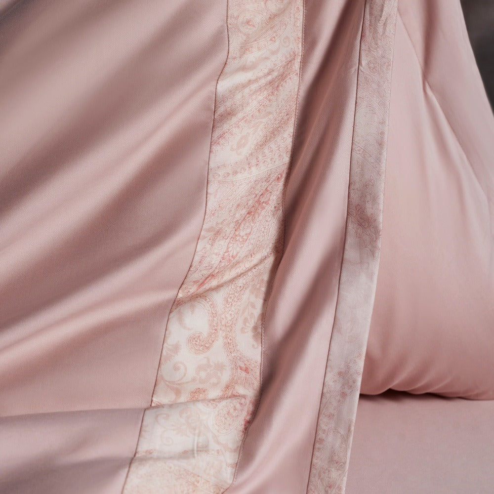 VILZSTUDIOS blush pink, ivory and cool grey satin bedding set with tonal paisley borders