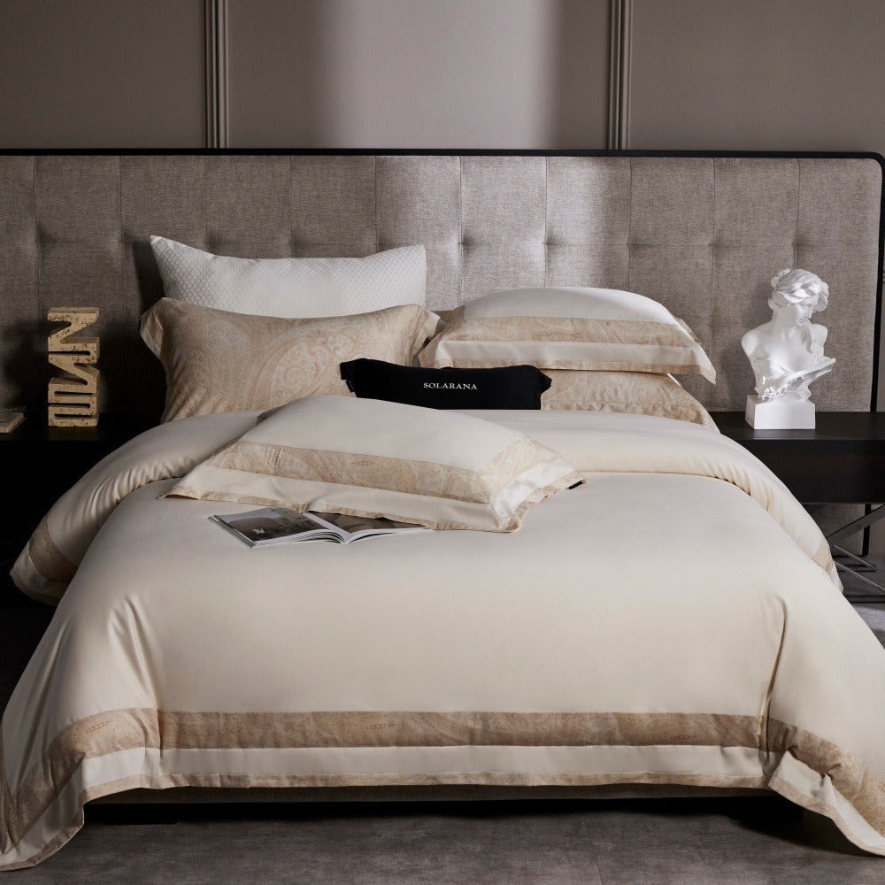VILZSTUDIOS blush pink, ivory and cool grey satin bedding set with tonal paisley borders