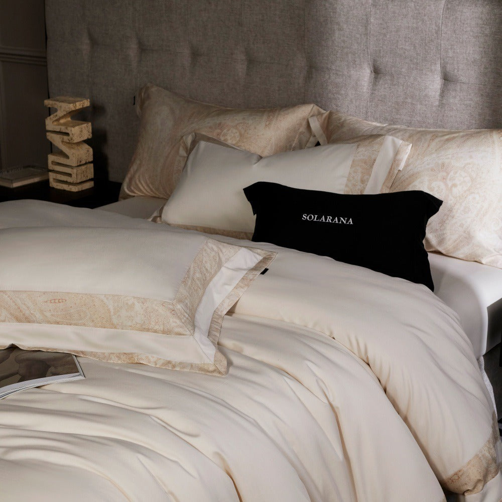 VILZSTUDIOS blush pink, ivory and cool grey satin bedding set with tonal paisley borders