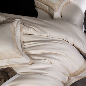 VILZSTUDIOS blush pink, ivory and cool grey satin bedding set with tonal paisley borders