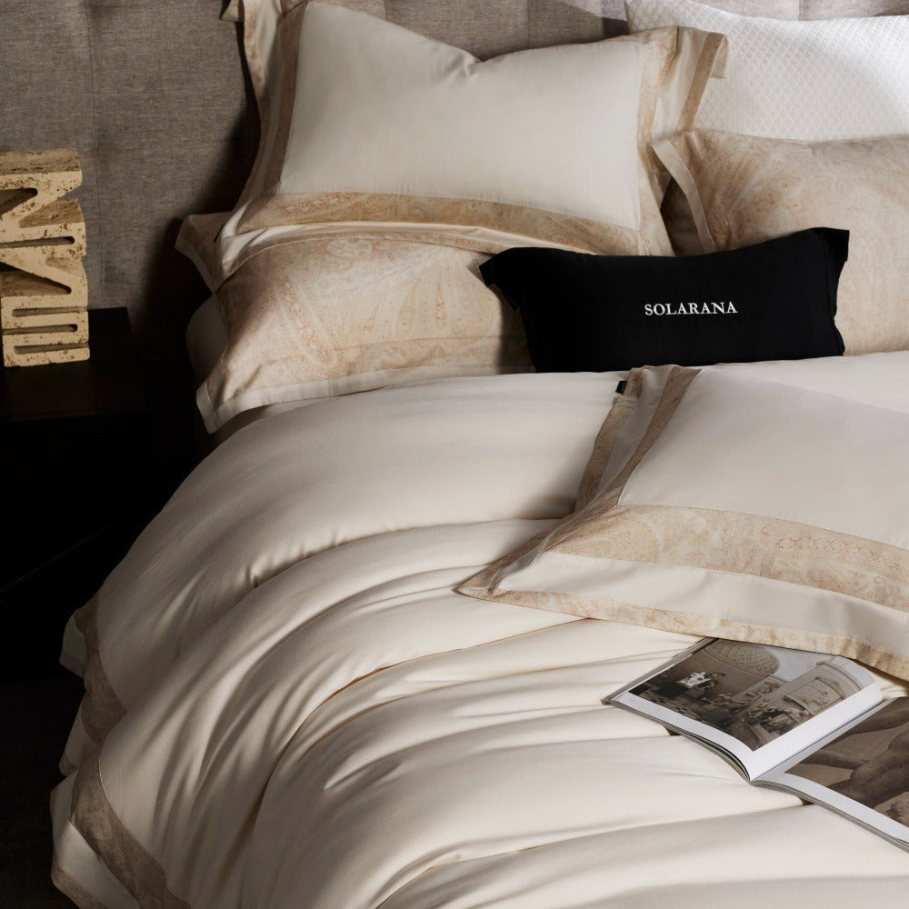 VILZSTUDIOS blush pink, ivory and cool grey satin bedding set with tonal paisley borders