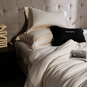 VILZSTUDIOS blush pink, ivory and cool grey satin bedding set with tonal paisley borders