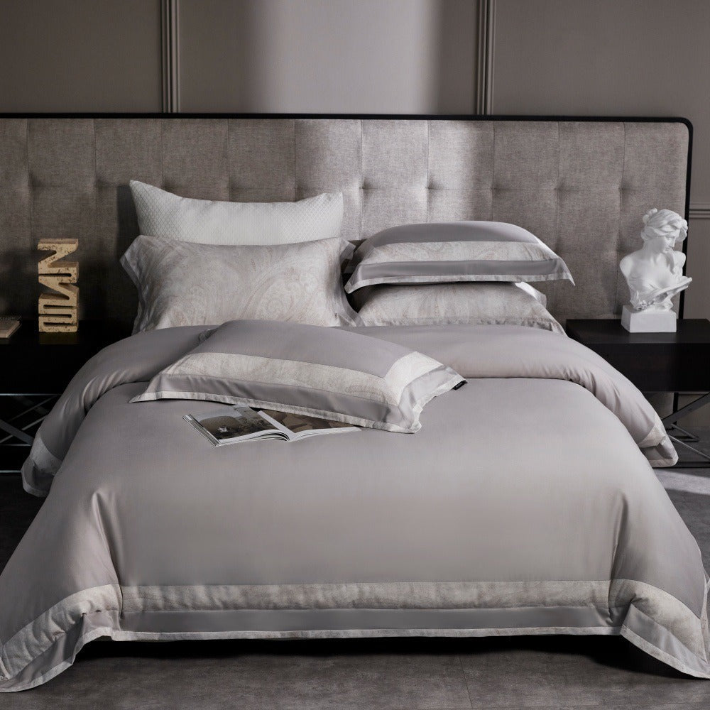 VILZSTUDIOS blush pink, ivory and cool grey satin bedding set with tonal paisley borders