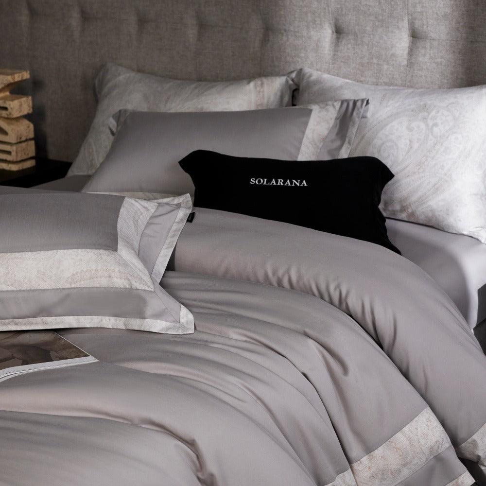 VILZSTUDIOS blush pink, ivory and cool grey satin bedding set with tonal paisley borders