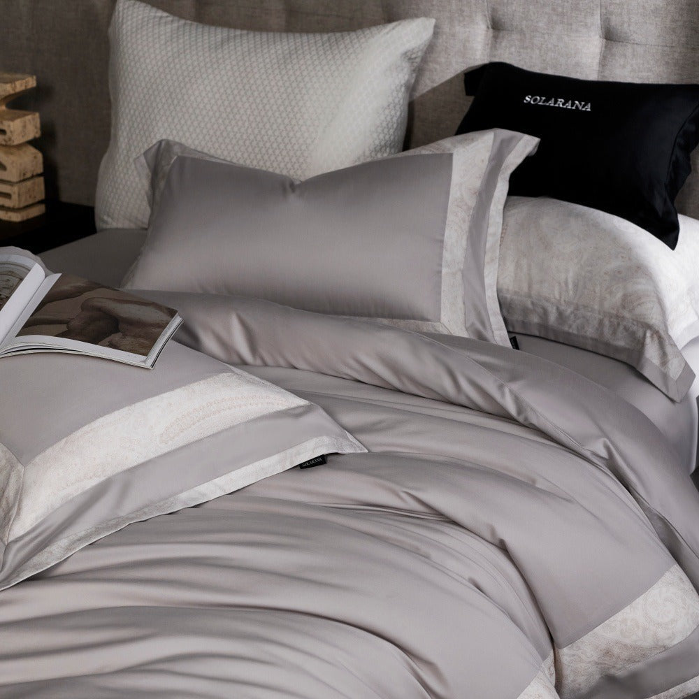 VILZSTUDIOS blush pink, ivory and cool grey satin bedding set with tonal paisley borders