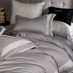 VILZSTUDIOS blush pink, ivory and cool grey satin bedding set with tonal paisley borders