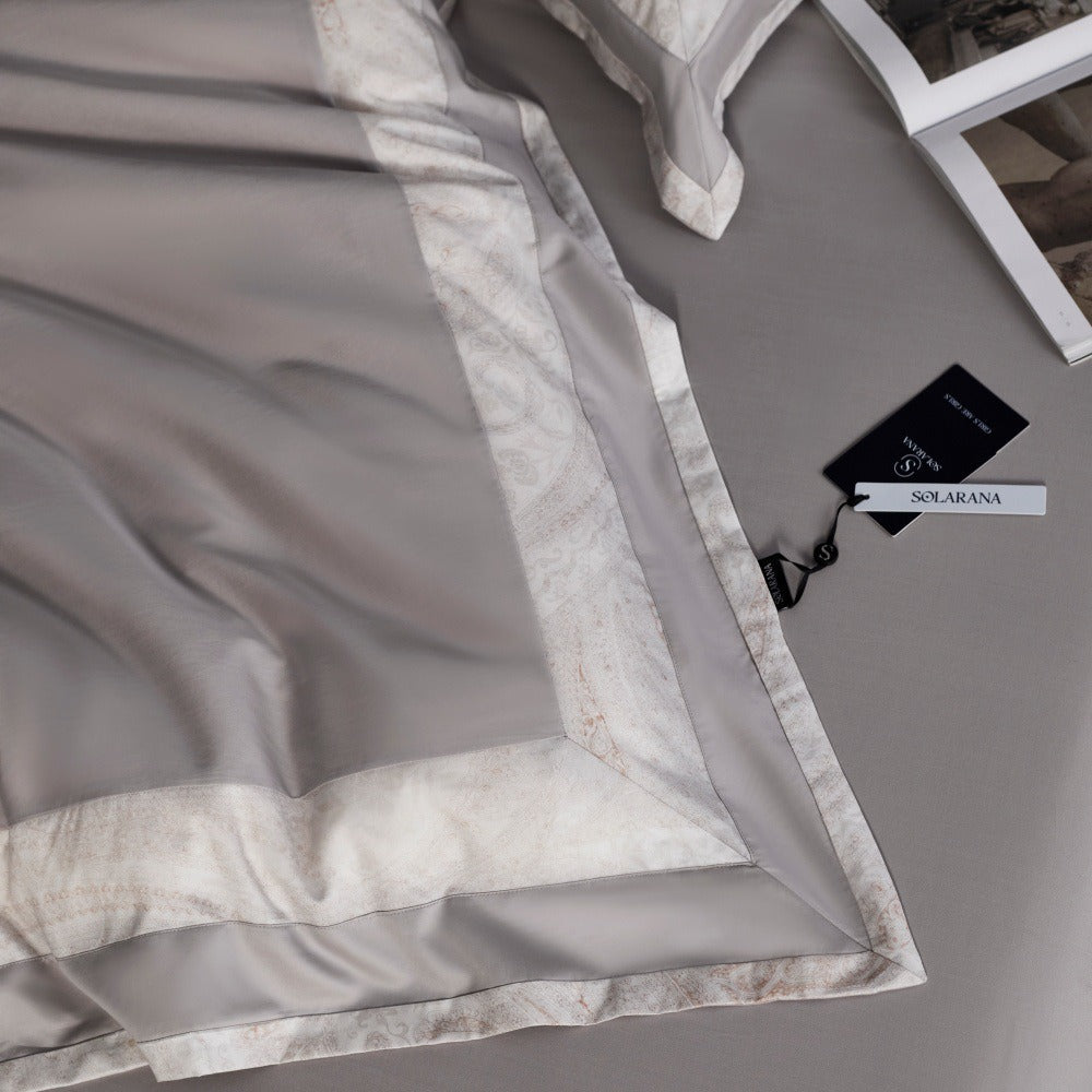 VILZSTUDIOS blush pink, ivory and cool grey satin bedding set with tonal paisley borders