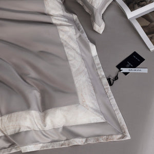 VILZSTUDIOS blush pink, ivory and cool grey satin bedding set with tonal paisley borders