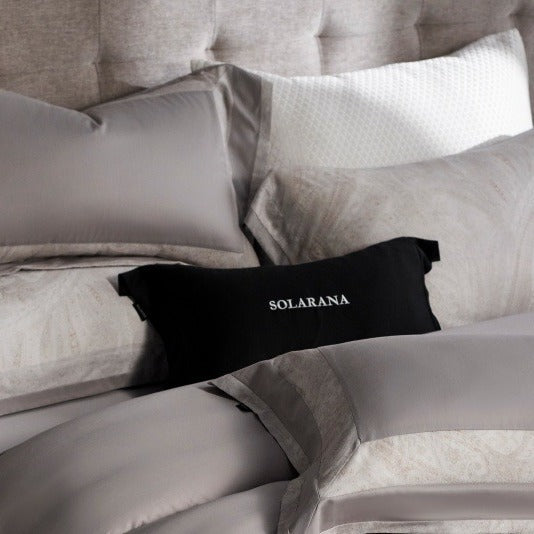 VILZSTUDIOS blush pink, ivory and cool grey satin bedding set with tonal paisley borders