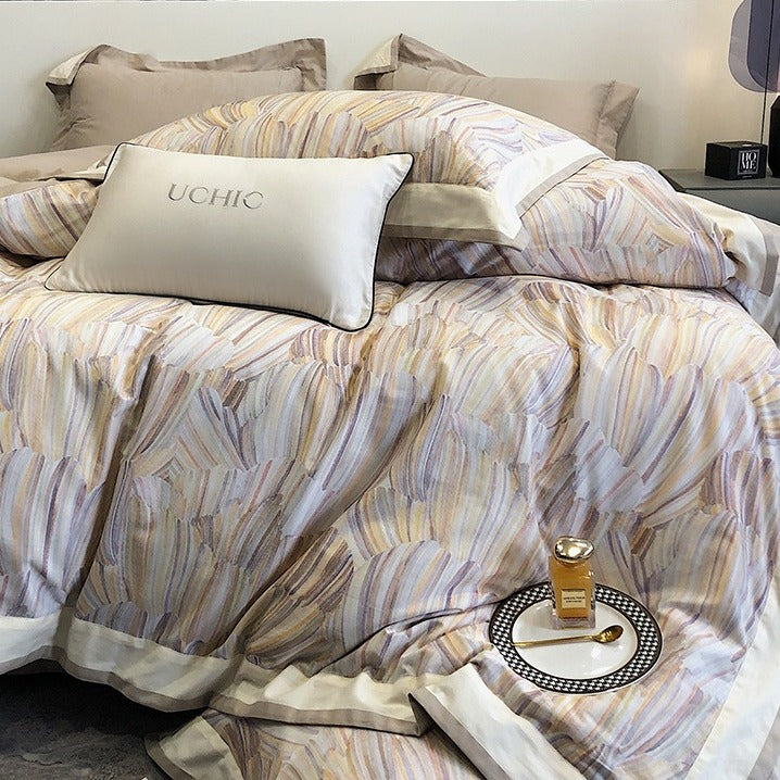 VILZSTUDIOS blush pink or lavender abstract brushstroke duvet cover set with wide contrast borders