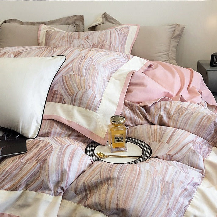 VILZSTUDIOS blush pink or lavender abstract brushstroke duvet cover set with wide contrast borders