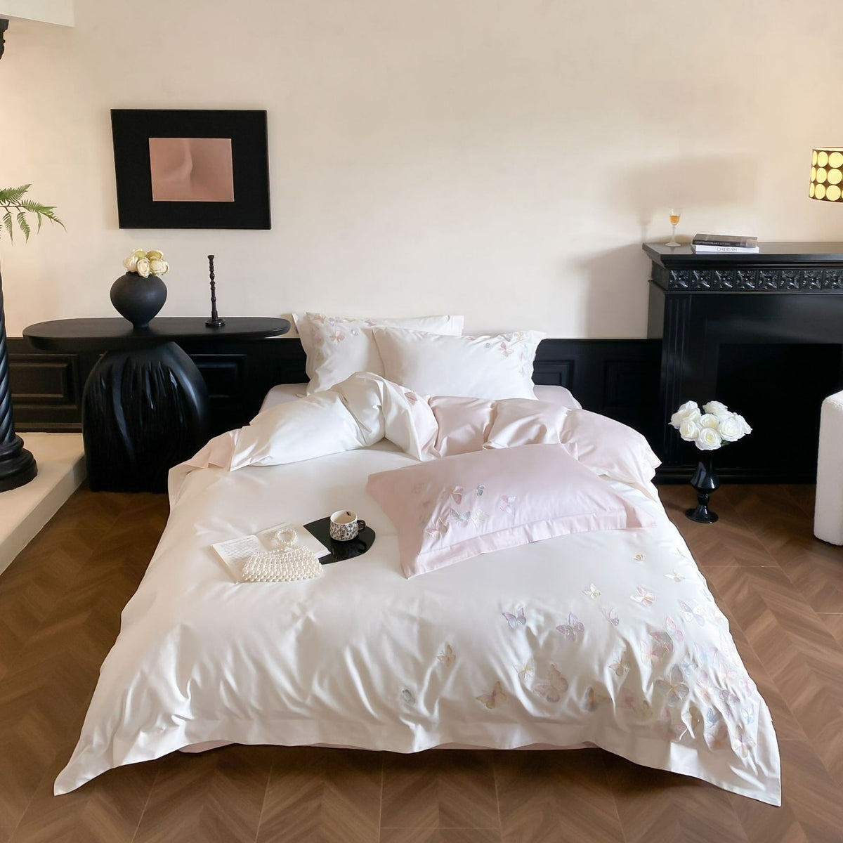 VILZSTUDIOS ivory and blush pink, blush pink or pale blue satin duvet cover set with pastel butterfly embroidery