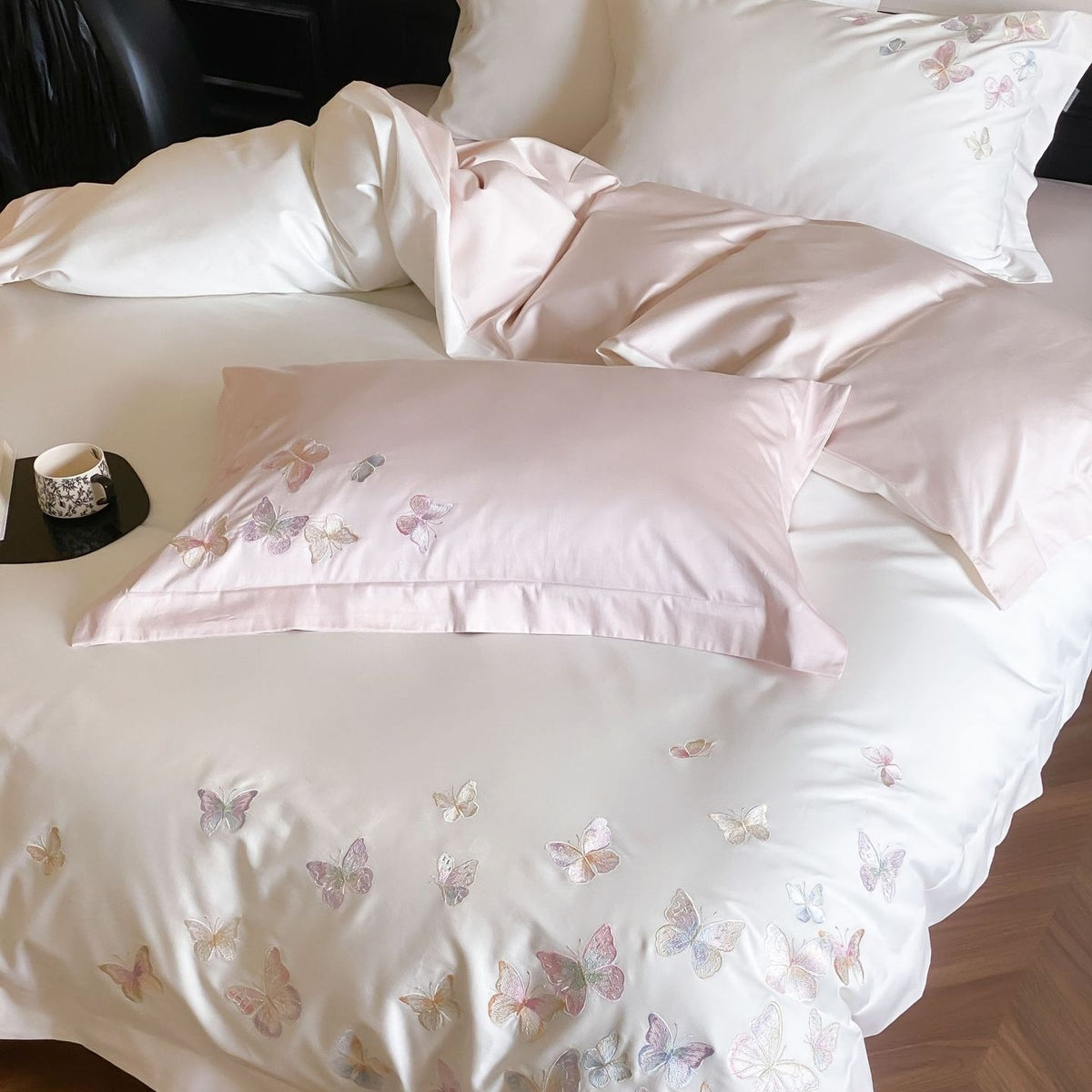 VILZSTUDIOS ivory and blush pink, blush pink or pale blue satin duvet cover set with pastel butterfly embroidery