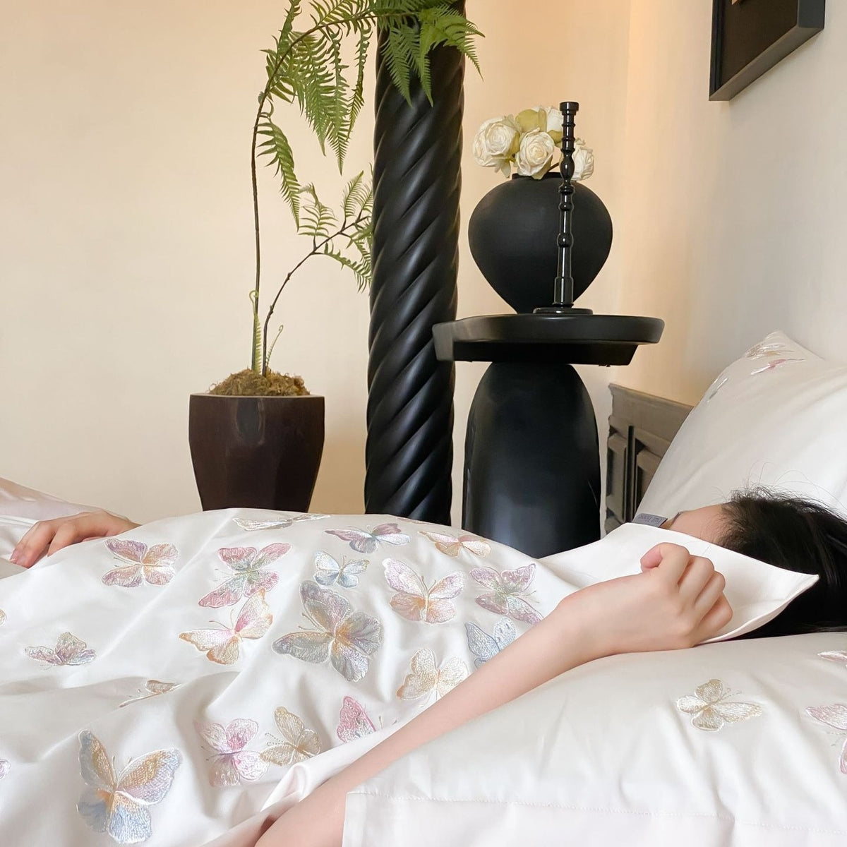 VILZSTUDIOS ivory and blush pink, blush pink or pale blue satin duvet cover set with pastel butterfly embroidery