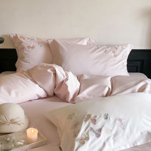 VILZSTUDIOS ivory and blush pink, blush pink or pale blue satin duvet cover set with pastel butterfly embroidery