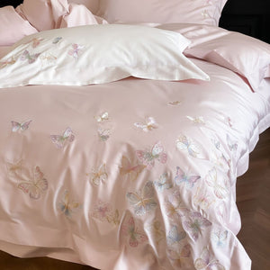 VILZSTUDIOS ivory and blush pink, blush pink or pale blue satin duvet cover set with pastel butterfly embroidery
