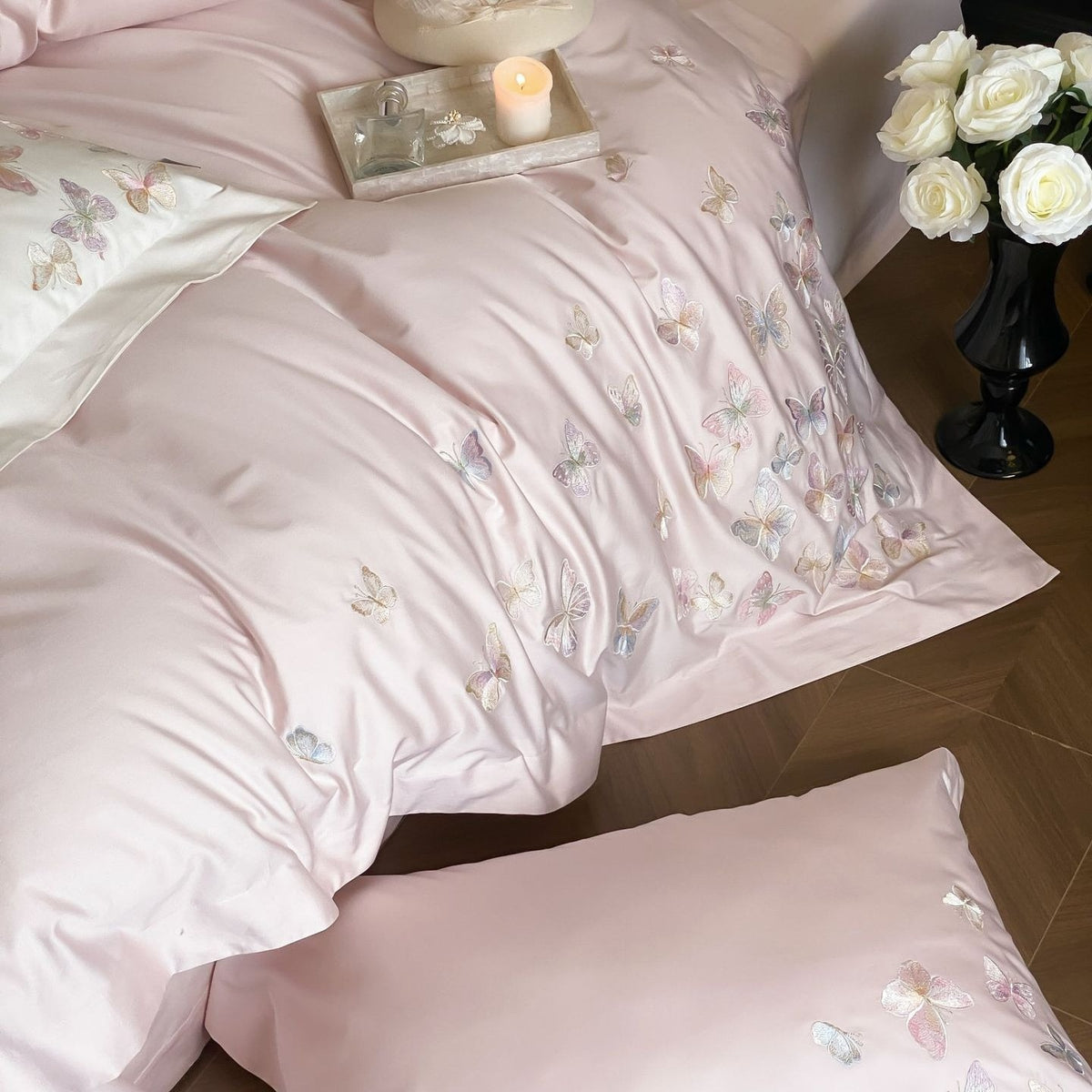 VILZSTUDIOS ivory and blush pink, blush pink or pale blue satin duvet cover set with pastel butterfly embroidery