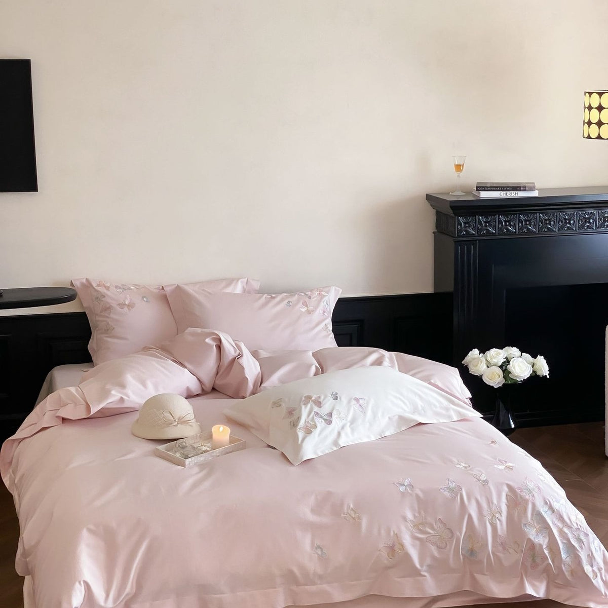 VILZSTUDIOS ivory and blush pink, blush pink or pale blue satin duvet cover set with pastel butterfly embroidery