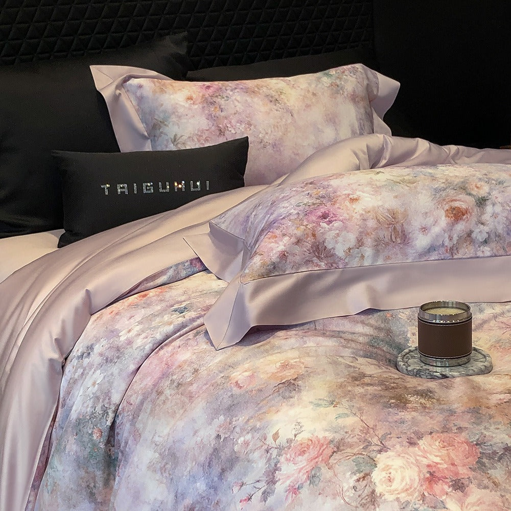 VILZSTUDIOS pastel floral satin bedding set with wide mauve-pink borders