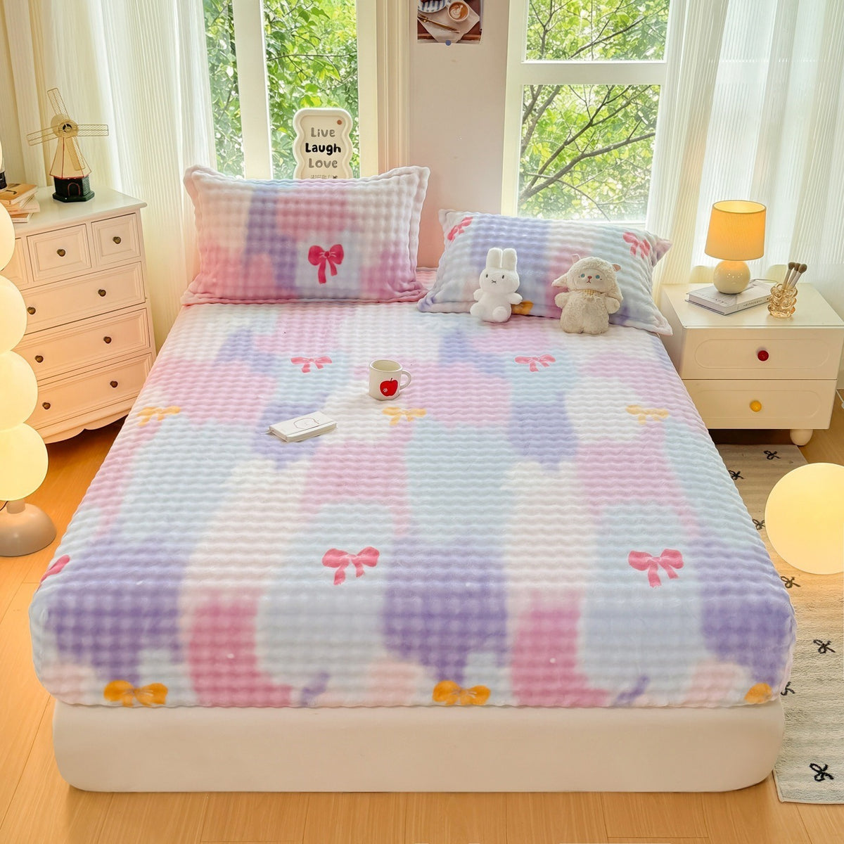 VILZSTUDIOS Pastel lilac blue and pink plaid fitted sheet with colorful bows and plush dimpled texture