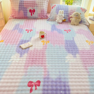 VILZSTUDIOS Pastel lilac blue and pink plaid fitted sheet with colorful bows and plush dimpled texture