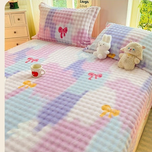 VILZSTUDIOS Pastel lilac blue and pink plaid fitted sheet with colorful bows and plush dimpled texture