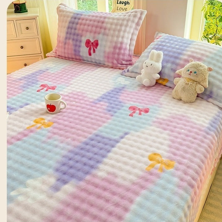 VILZSTUDIOS Pastel lilac blue and pink plaid fitted sheet with colorful bows and plush dimpled texture