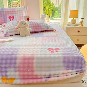 VILZSTUDIOS Pastel lilac blue and pink plaid fitted sheet with colorful bows and plush dimpled texture